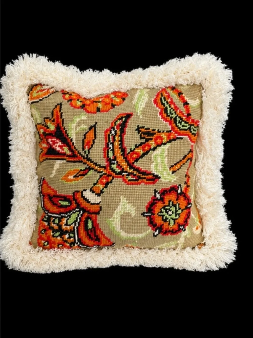 Handcrafted Needlepoint Grandma Chic Floral Accent Pillow with Cream Fringe